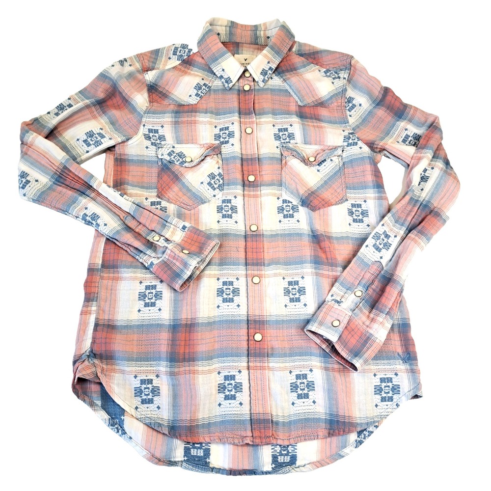American Eagle Outfitters Pink Blue Plaid Button-Down Shirt